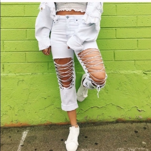 Lf Carmar White High Waisted Hermia Loose Straight Crop Lace Up Front Jeans - Picture 5 of 15